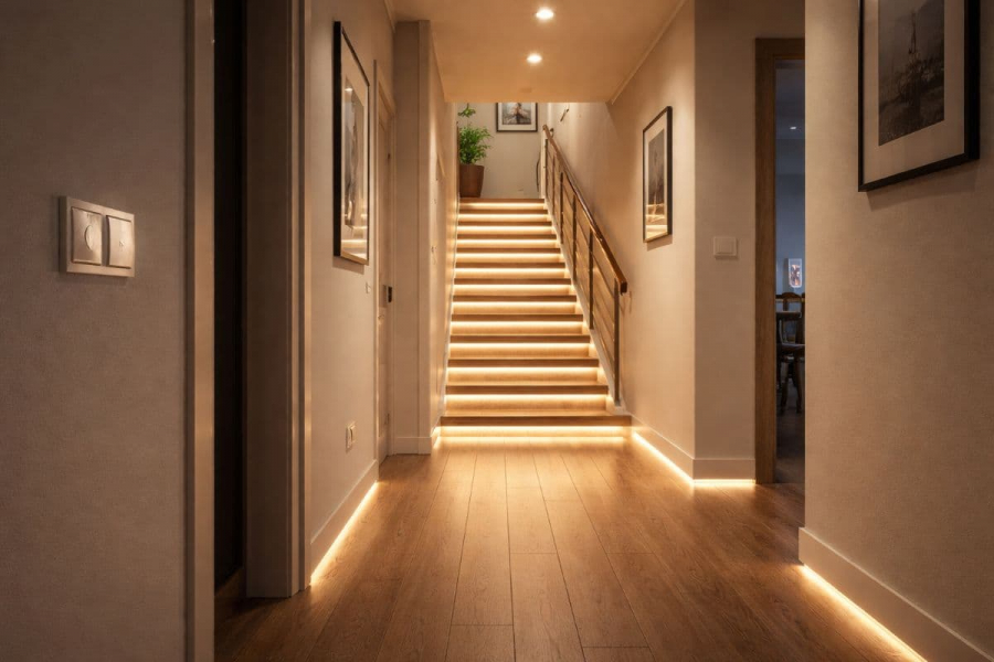 Как организовать освещение в длинном коридоре или на лестнице
