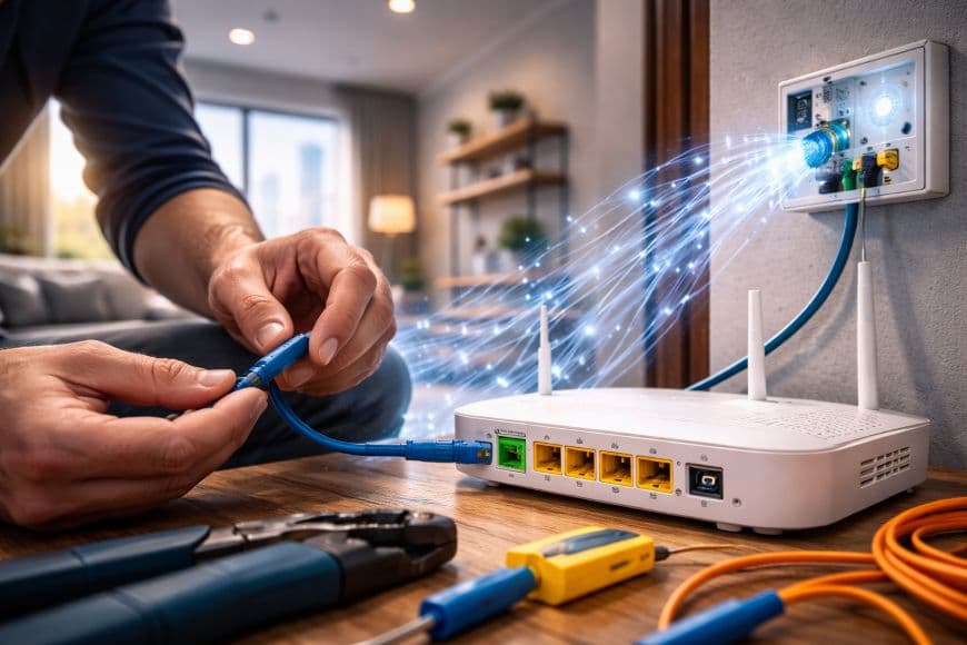 Технік встановлює оптоволоконний інтернет