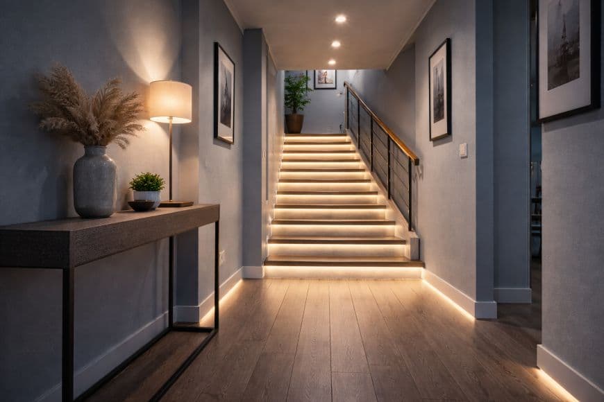 Современный коридор с освещенной лестницей