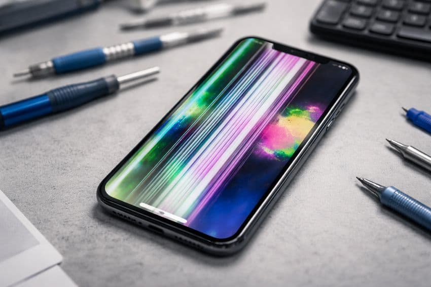 Пошкоджений екран iPhone з інструментами Пошкоджений екран iPhone з інструментами