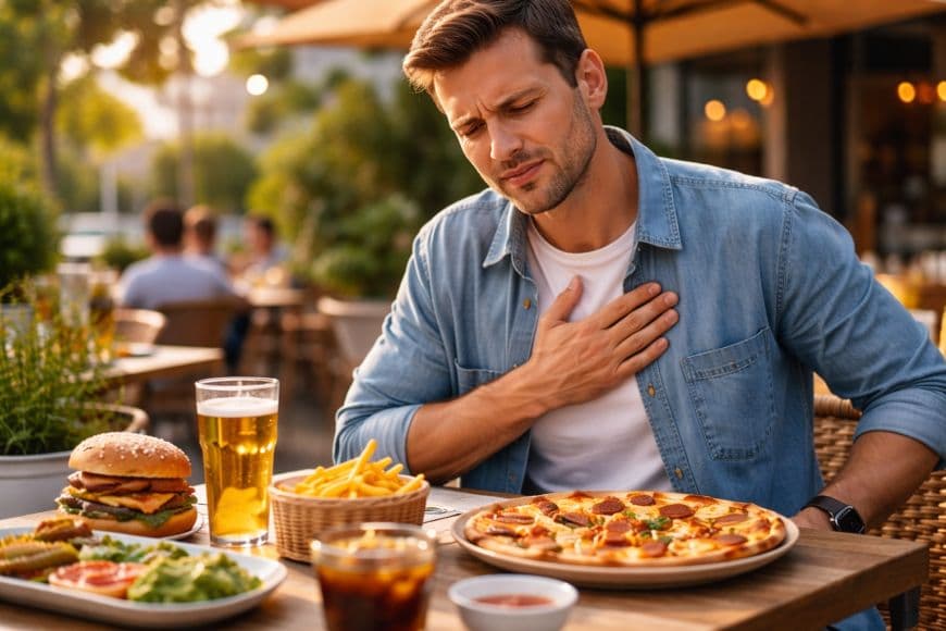 У чоловіка печія під час вечері у літньому кафе У чоловіка печія під час вечері у літньому кафе