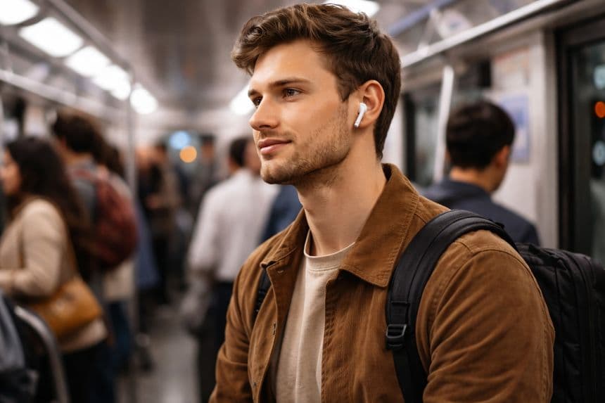 Молодий чоловік у метро з навушниками