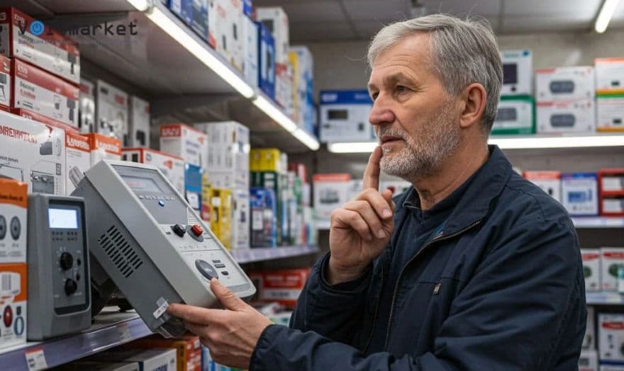 Мужчина выбирает стабилизатор в магазине