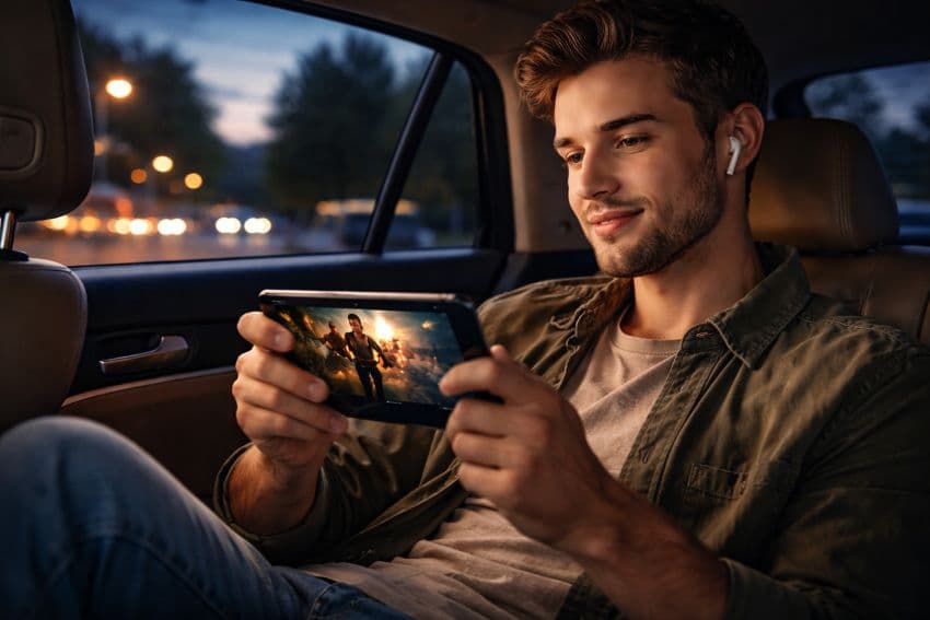 Хлопець в машині дивиться тв онлайн на планшеті