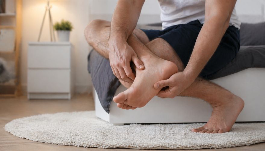 Мужчина чешет правую ступню