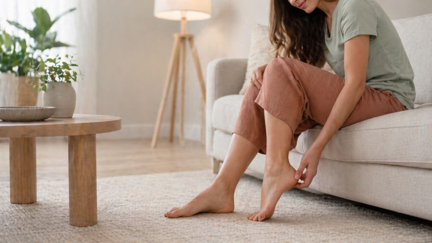 Девушка чешет левую пятку